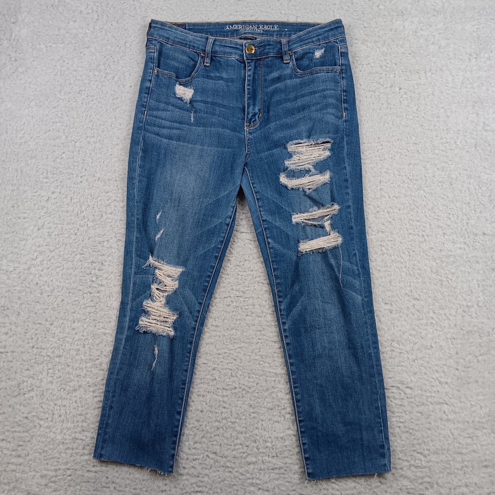 American Eagle Jean Super Stretch X Women 12 Long Blue Distressed Raw Hem